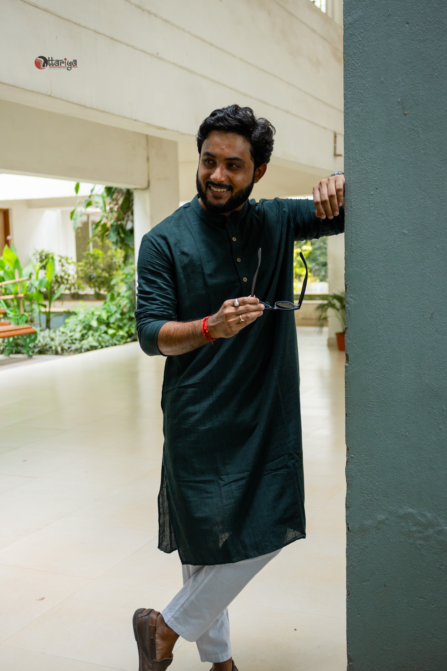 Khadi long kurta with hand kalamkari jacket in green