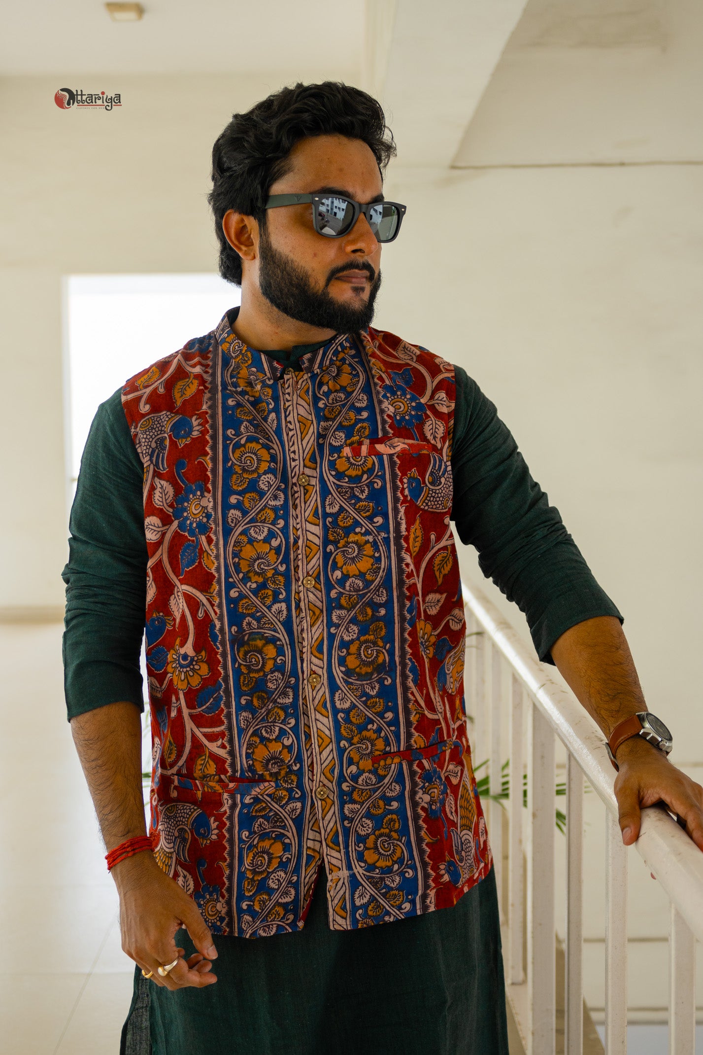 Khadi long kurta with hand kalamkari jacket in green