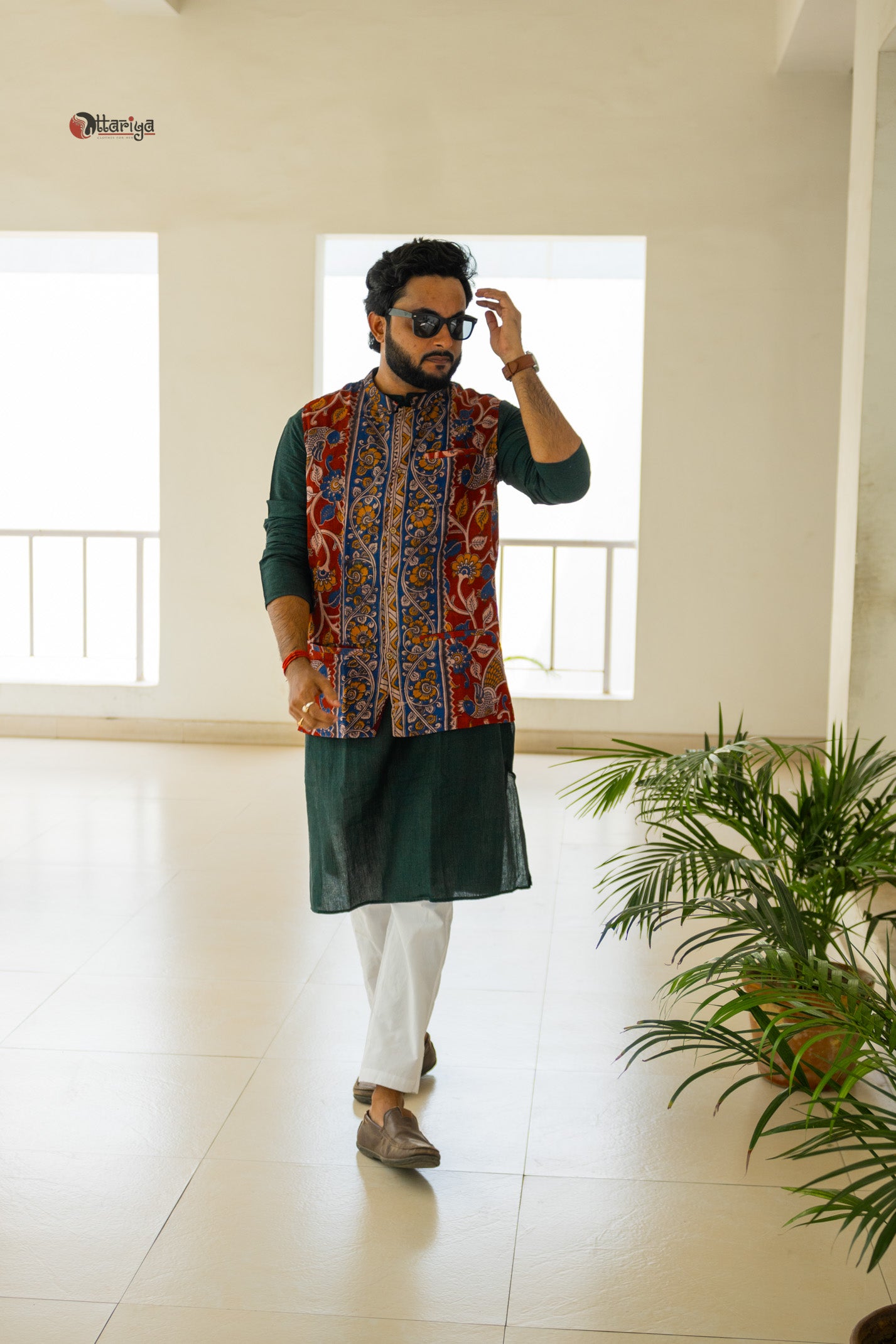 Khadi long kurta with hand kalamkari jacket in green