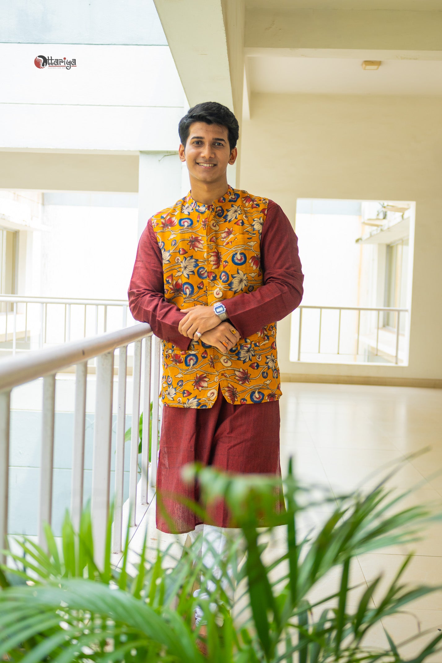 Khadi long kurta with hand kalamkari jacket