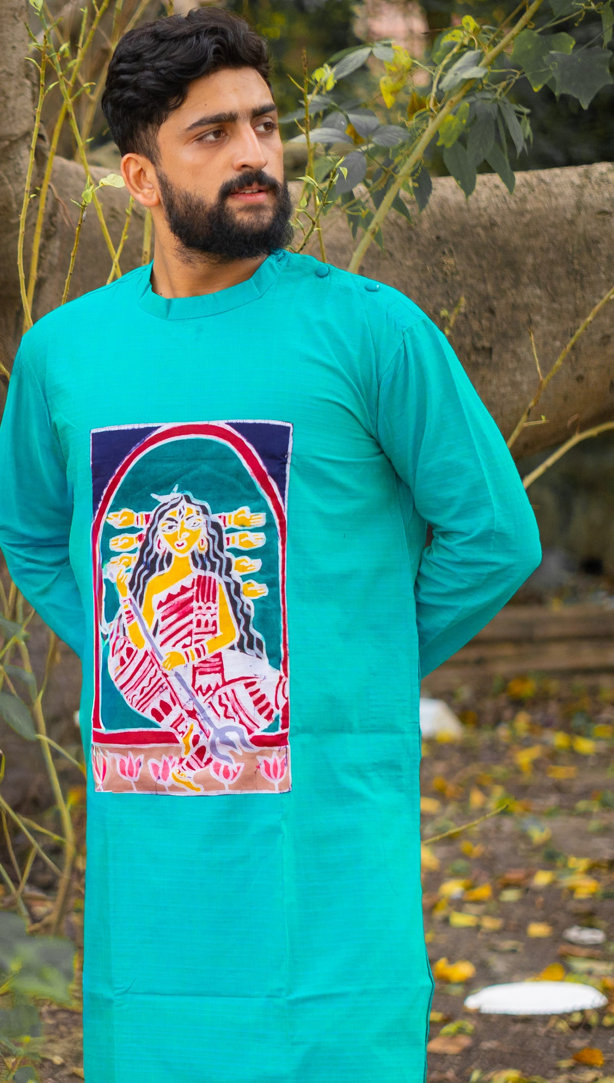 Hand-Painted Durga Motif Turquoise Kurta