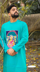 Hand-Painted Durga Motif Turquoise Kurta