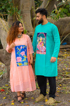 Hand-Painted Durga Motif Turquoise Kurta