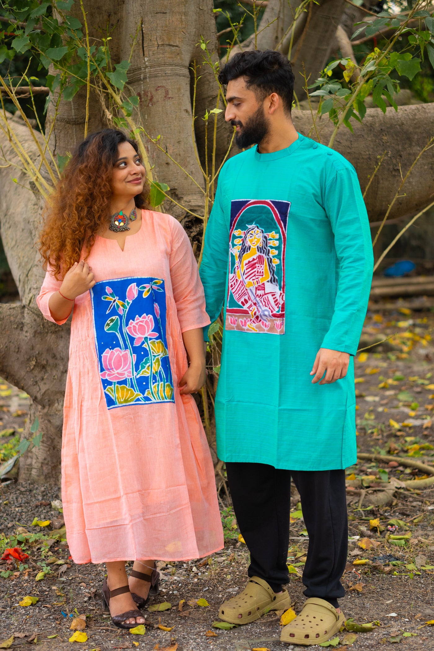 Hand-Painted Durga Motif Turquoise Kurta