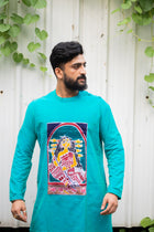 Hand-Painted Durga Motif Turquoise Kurta