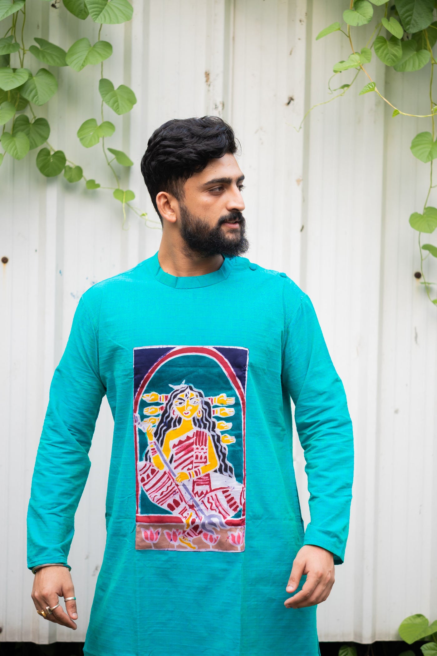 Hand-Painted Durga Motif Turquoise Kurta
