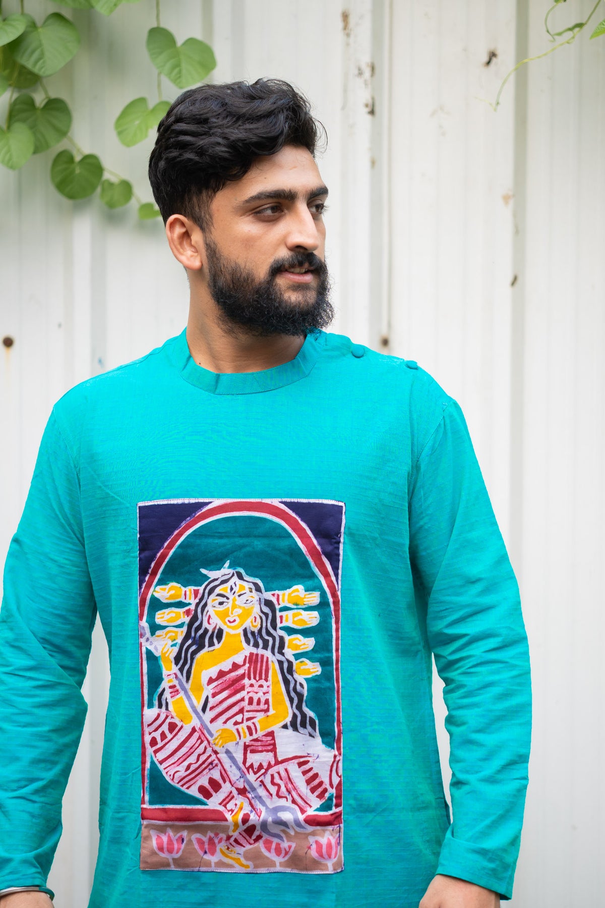 Hand-Painted Durga Motif Turquoise Kurta