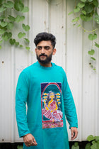 Hand-Painted Durga Motif Turquoise Kurta