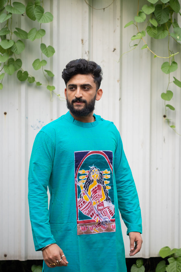 Hand-Painted Durga Motif Turquoise Kurta