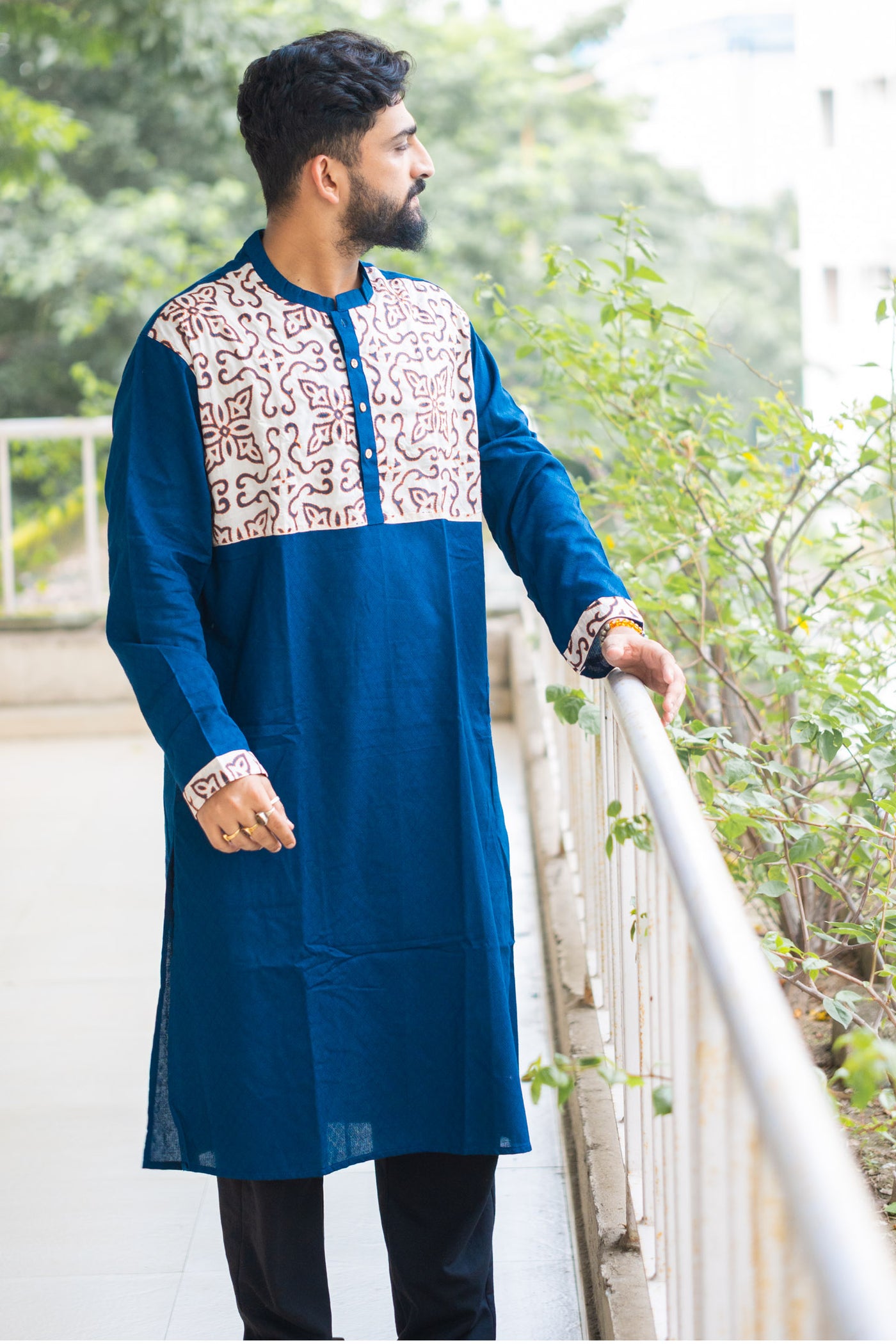 Kantha Yoke Petrol Blue Kurta