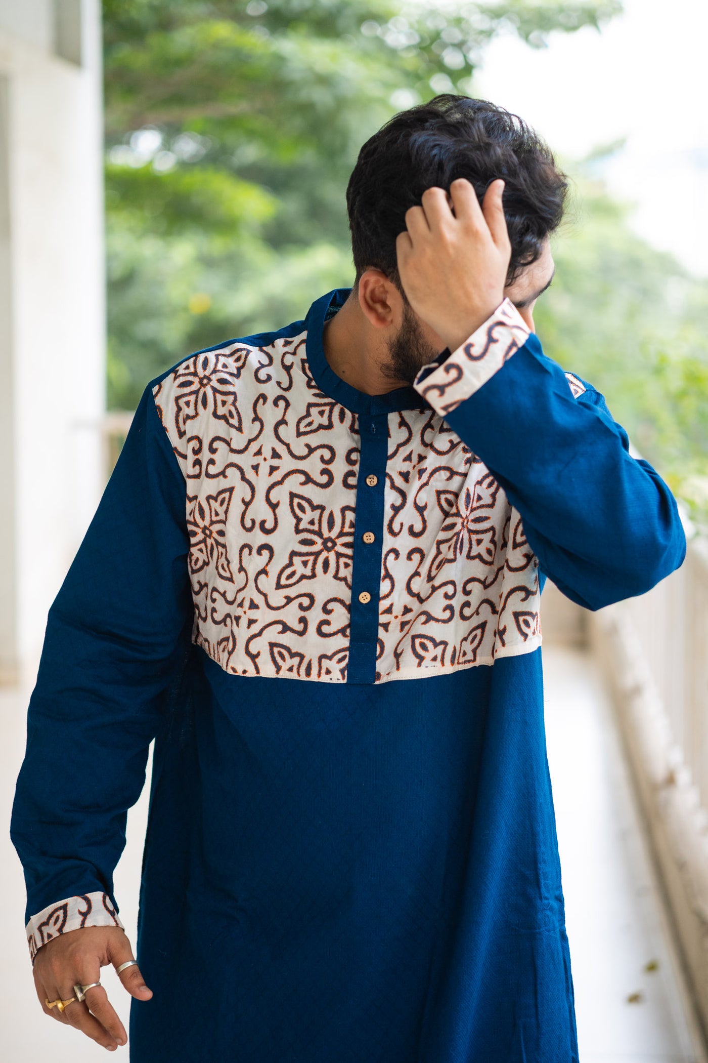 Kantha Yoke Petrol Blue Kurta