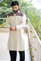 Men's Ecru Cotton-Silk Kurta with Grey Kantha Embroidered Yoke