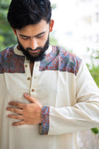 Men's Ecru Cotton-Silk Kurta with Grey Kantha Embroidered Yoke