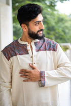 Men's Ecru Cotton-Silk Kurta with Grey Kantha Embroidered Yoke