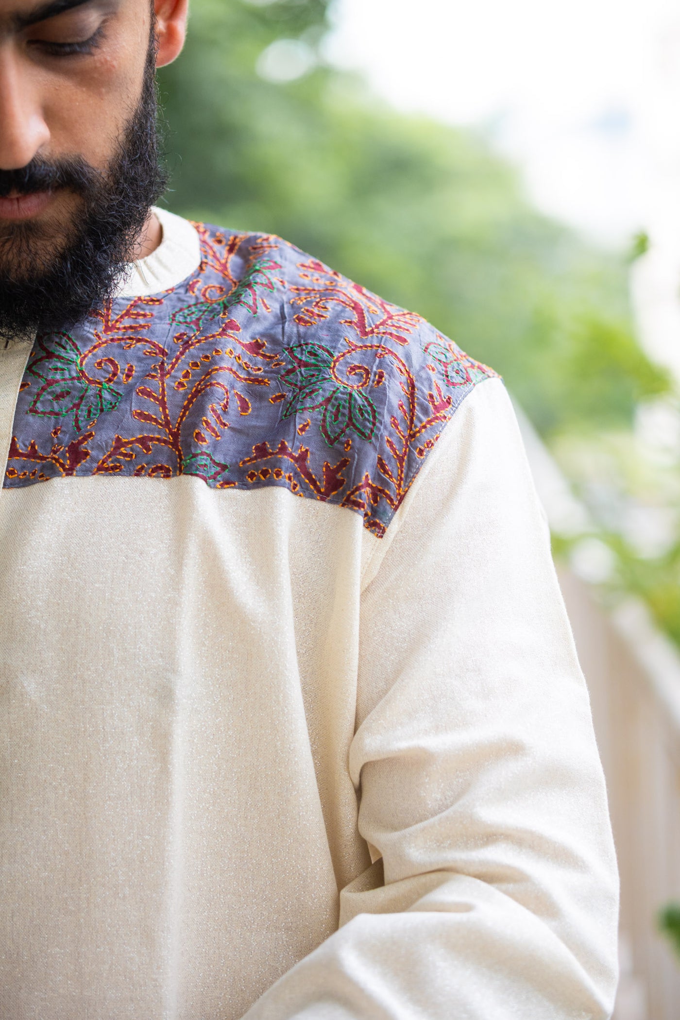 Men's Ecru Cotton-Silk Kurta with Grey Kantha Embroidered Yoke