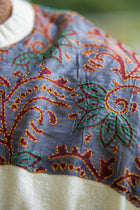 Men's Ecru Cotton-Silk Kurta with Grey Kantha Embroidered Yoke