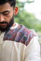 Men's Ecru Cotton-Silk Kurta with Grey Kantha Embroidered Yoke