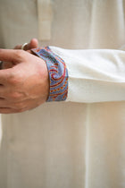 Men's Ecru Cotton-Silk Kurta with Grey Kantha Embroidered Yoke