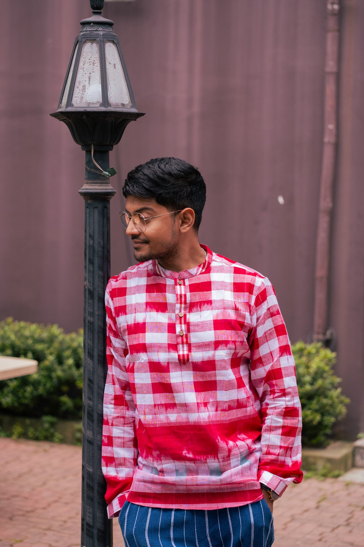 Ikat Gingham Gamcha Popover Shirt — Red &amp; White