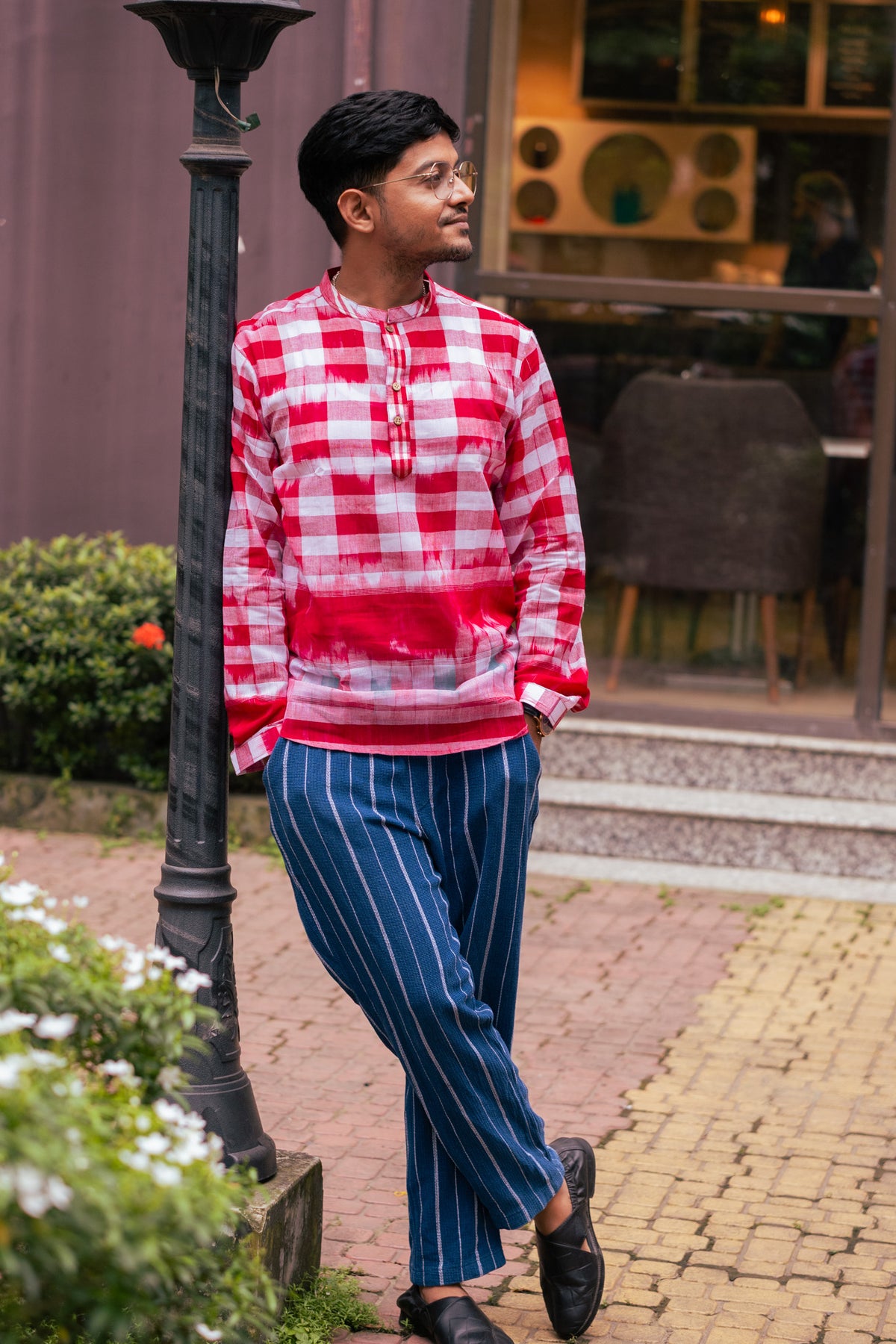 Ikat Gingham Gamcha Popover Shirt — Red &amp; White