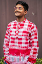 Ikat Gingham Gamcha Popover Shirt — Red &amp; White