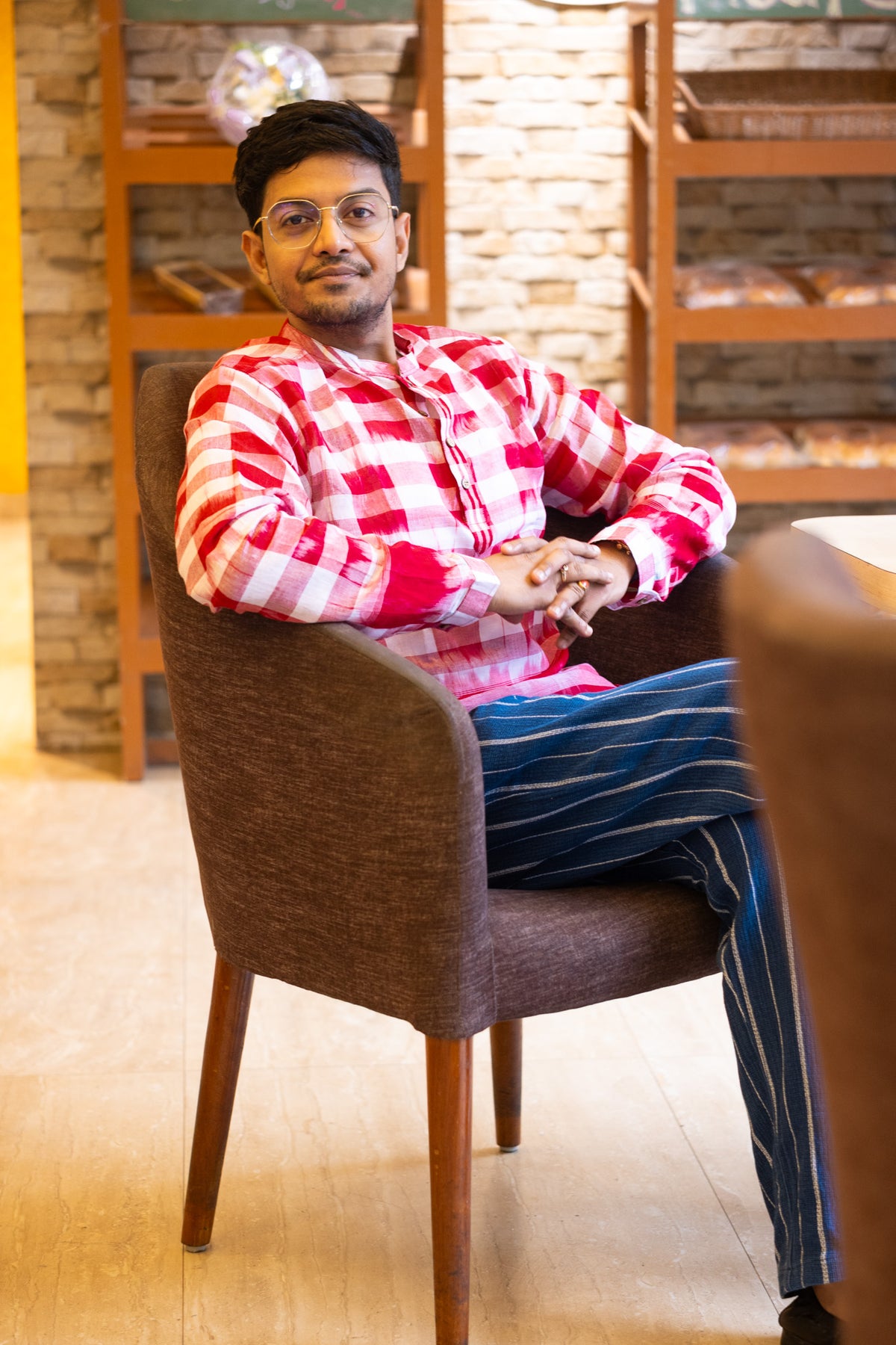 Ikat Gingham Gamcha Popover Shirt — Red &amp; White