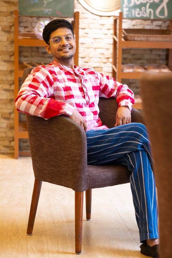 Ikat Gingham Gamcha Popover Shirt — Red & White