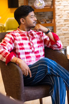 Ikat Gingham Gamcha Popover Shirt — Red &amp; White