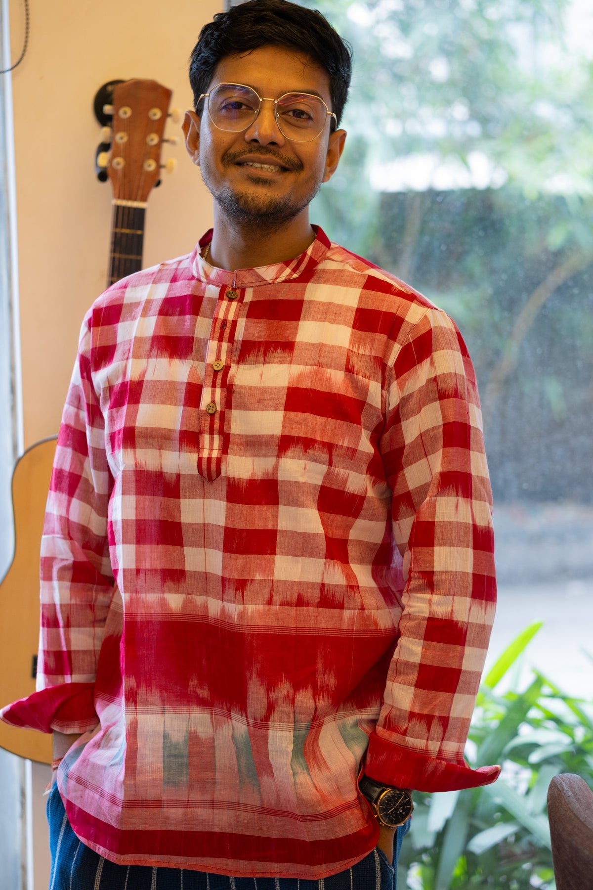 Ikat Gingham Gamcha Popover Shirt — Red &amp; White