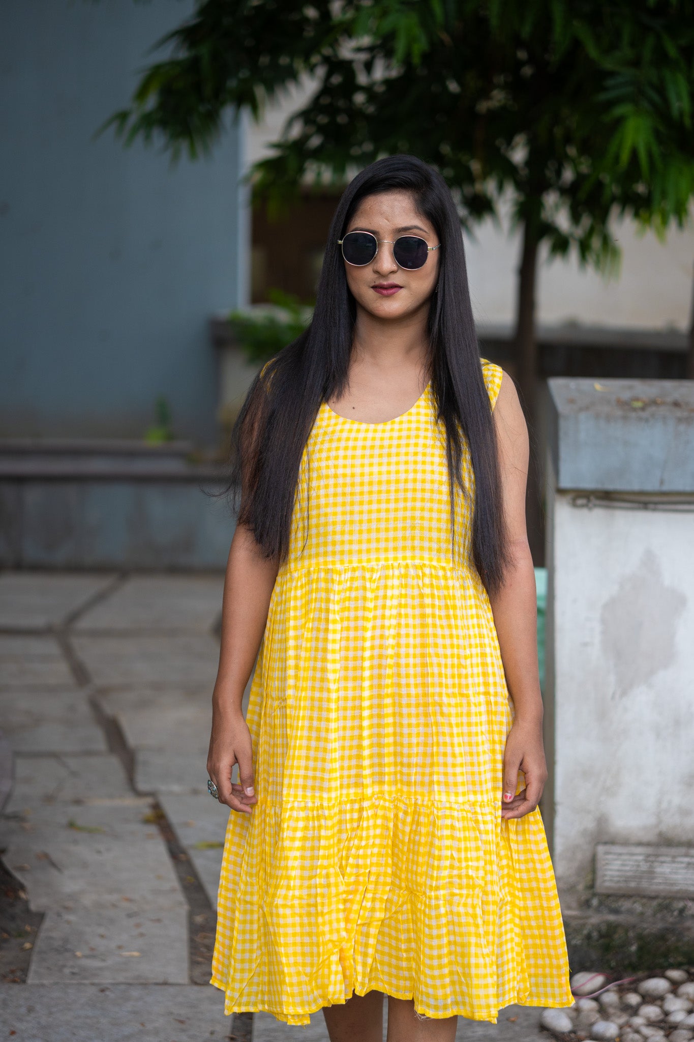Yellow Check Dress - Uttariya