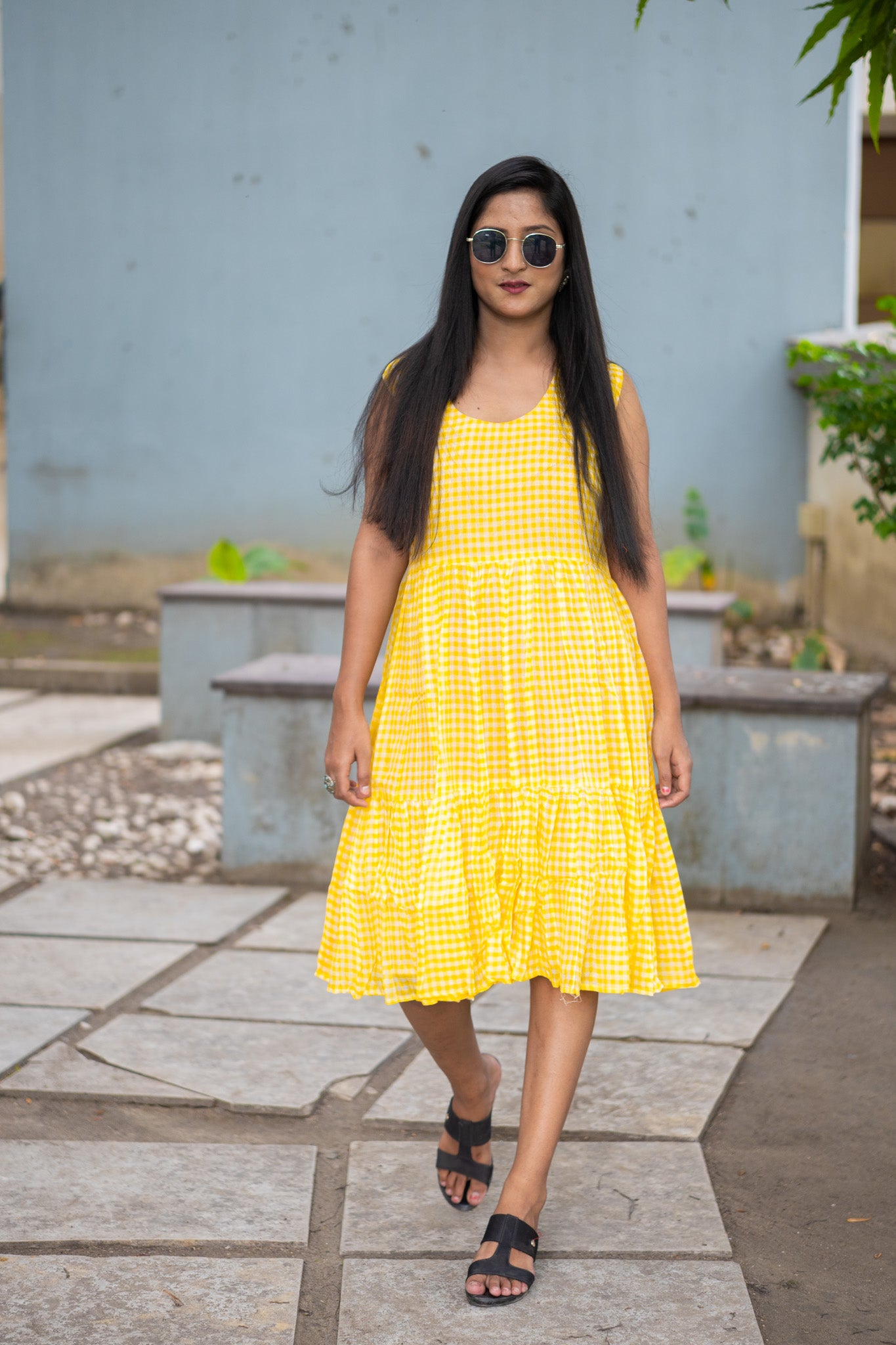Yellow Check Dress - Uttariya