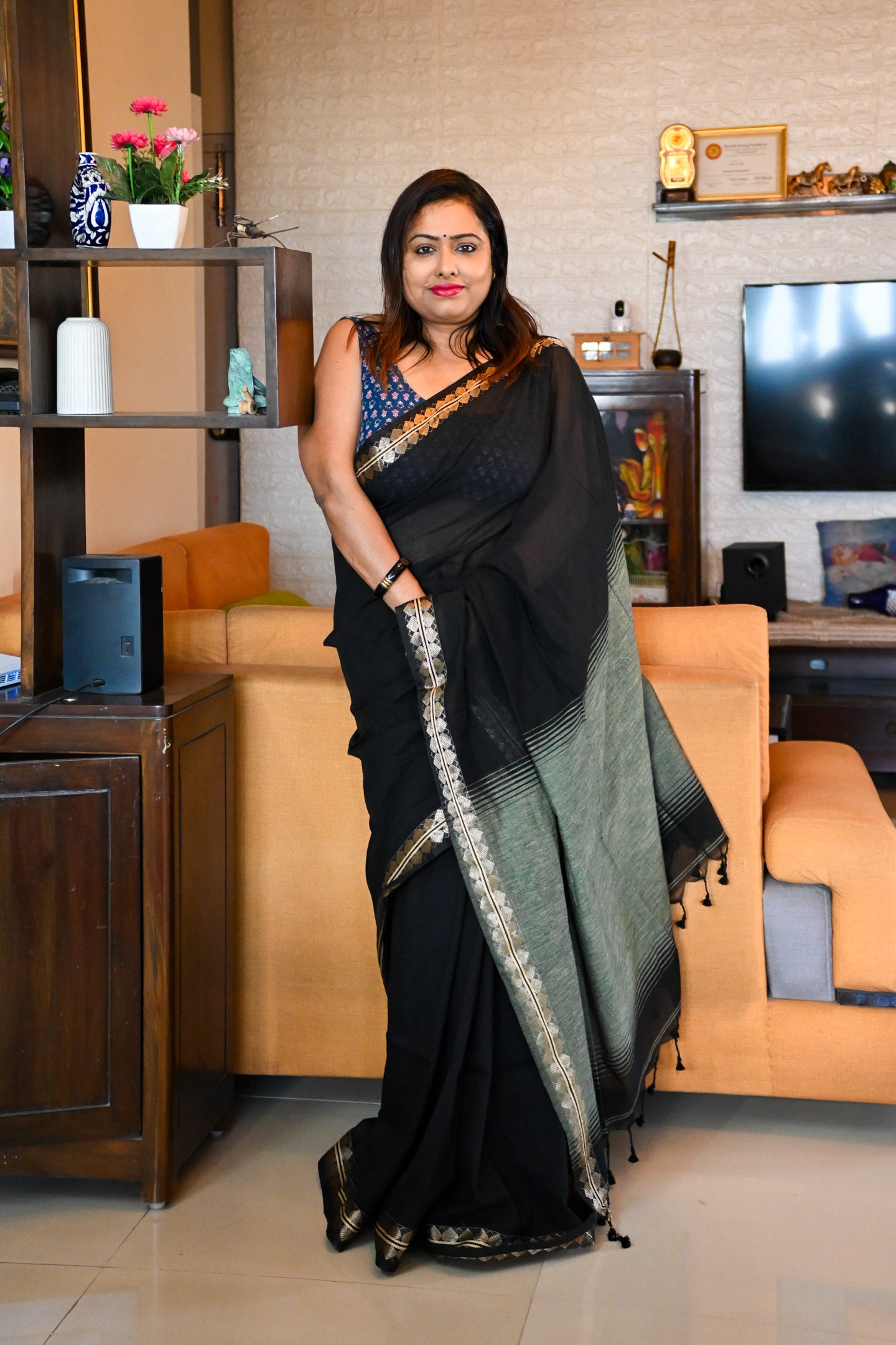 Black Linen cotton Saree - Uttariya