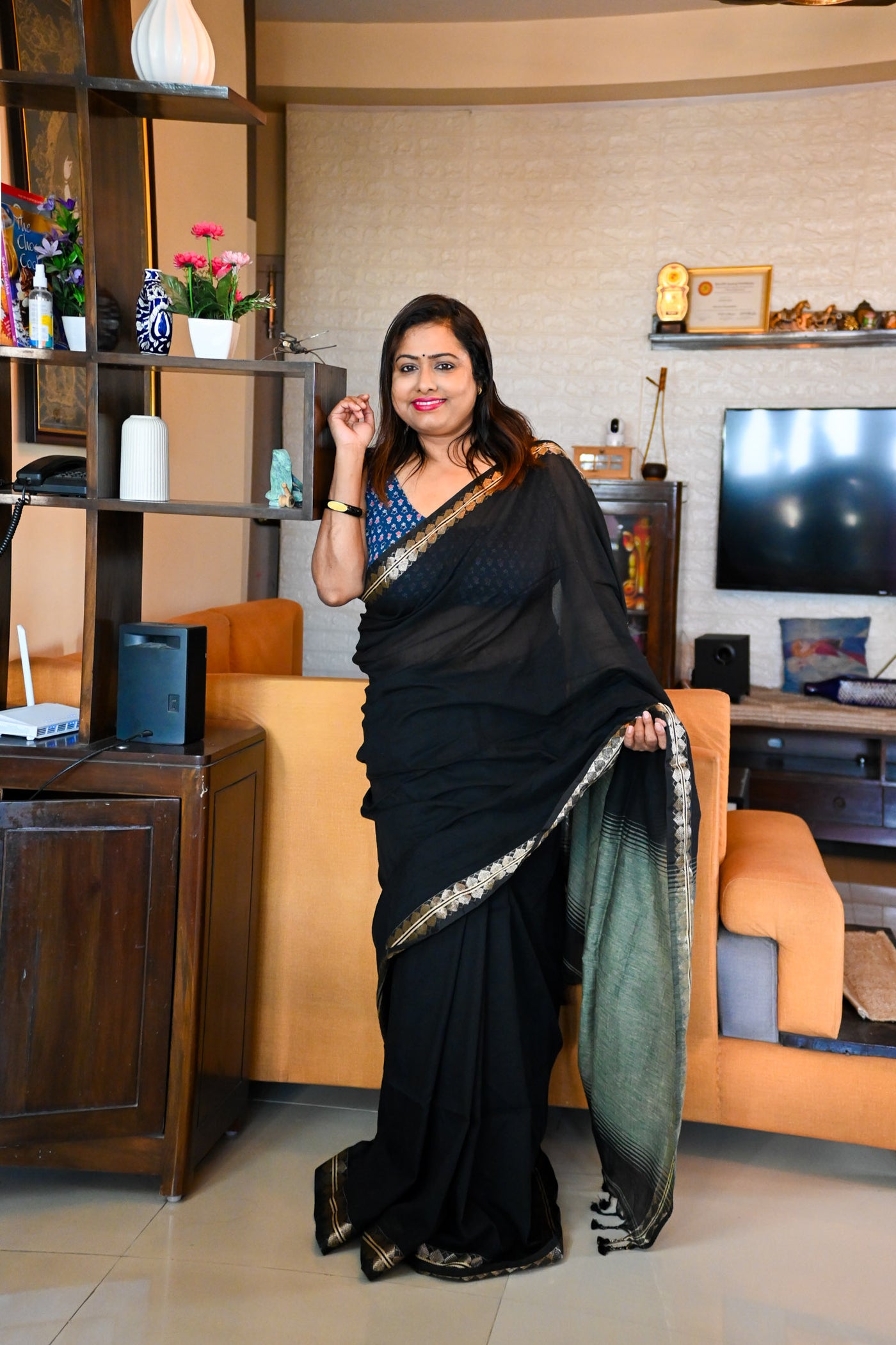 Black Linen cotton Saree - Uttariya