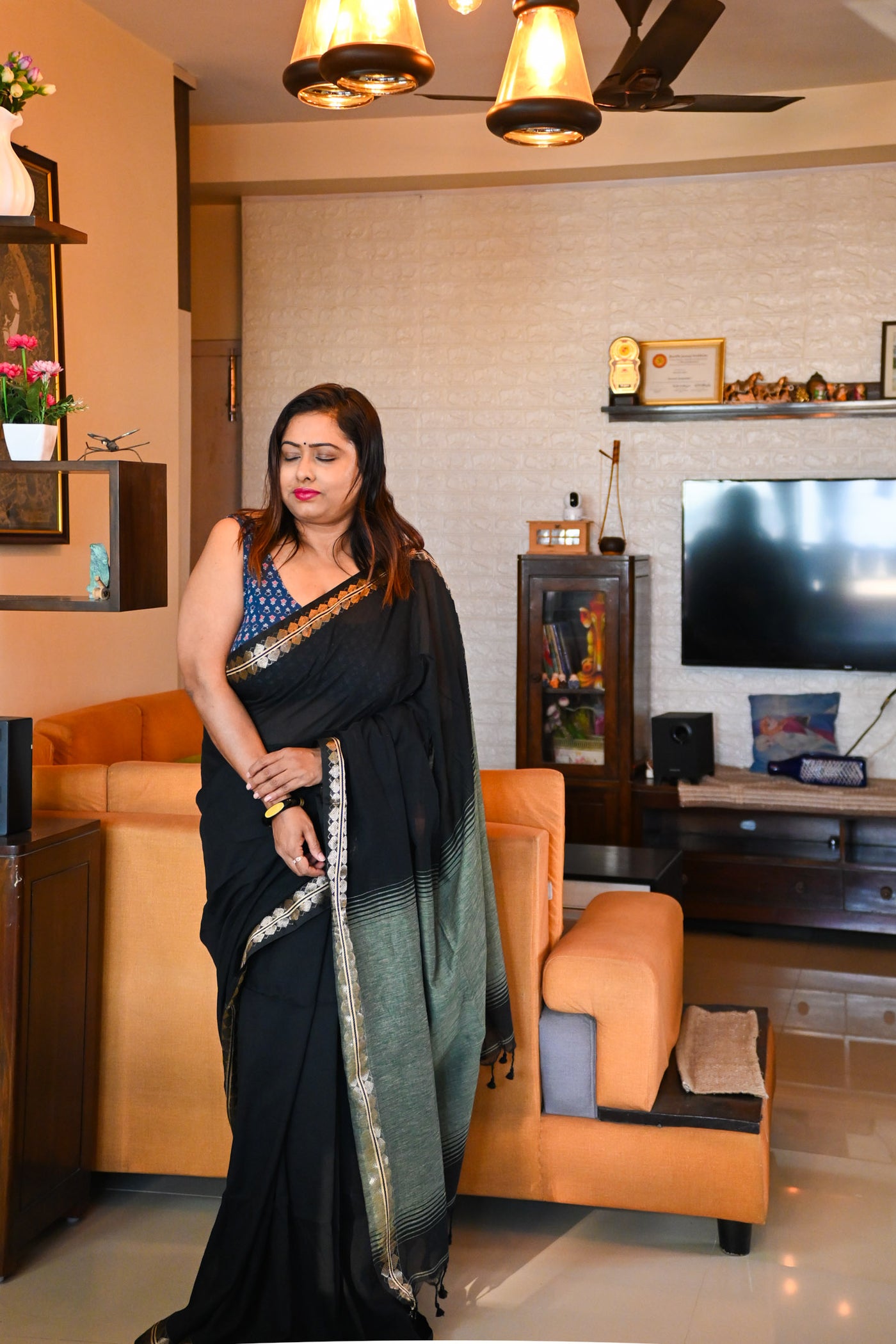 Black Linen cotton Saree - Uttariya