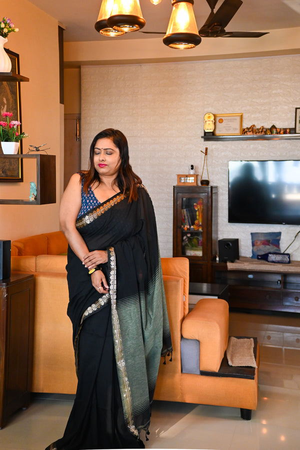 Black Linen cotton Saree - Uttariya
