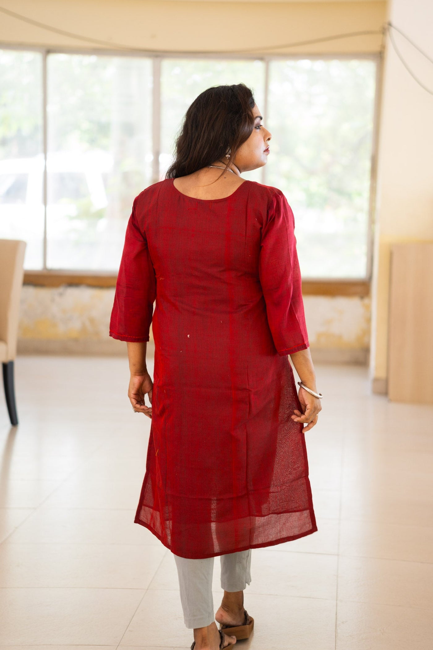 Raktim crimson cotton kurta — 3/4 sleeve with shoulder gather detail