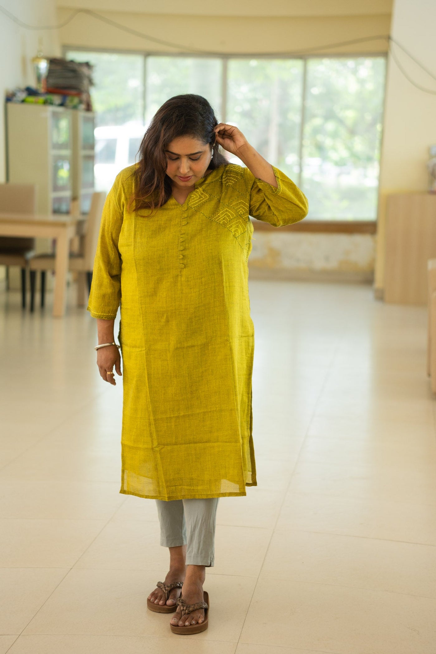 Haimanti Uttariya mustard handwoven cotton kurta — styled for daily office wear