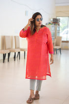 Anuradha handwoven orange pink gamcha check kurta with kantha embroidery — full length front view