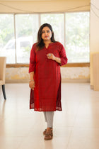 Raktim handwoven crimson cotton kurta with kantha embroidery yoke — front view