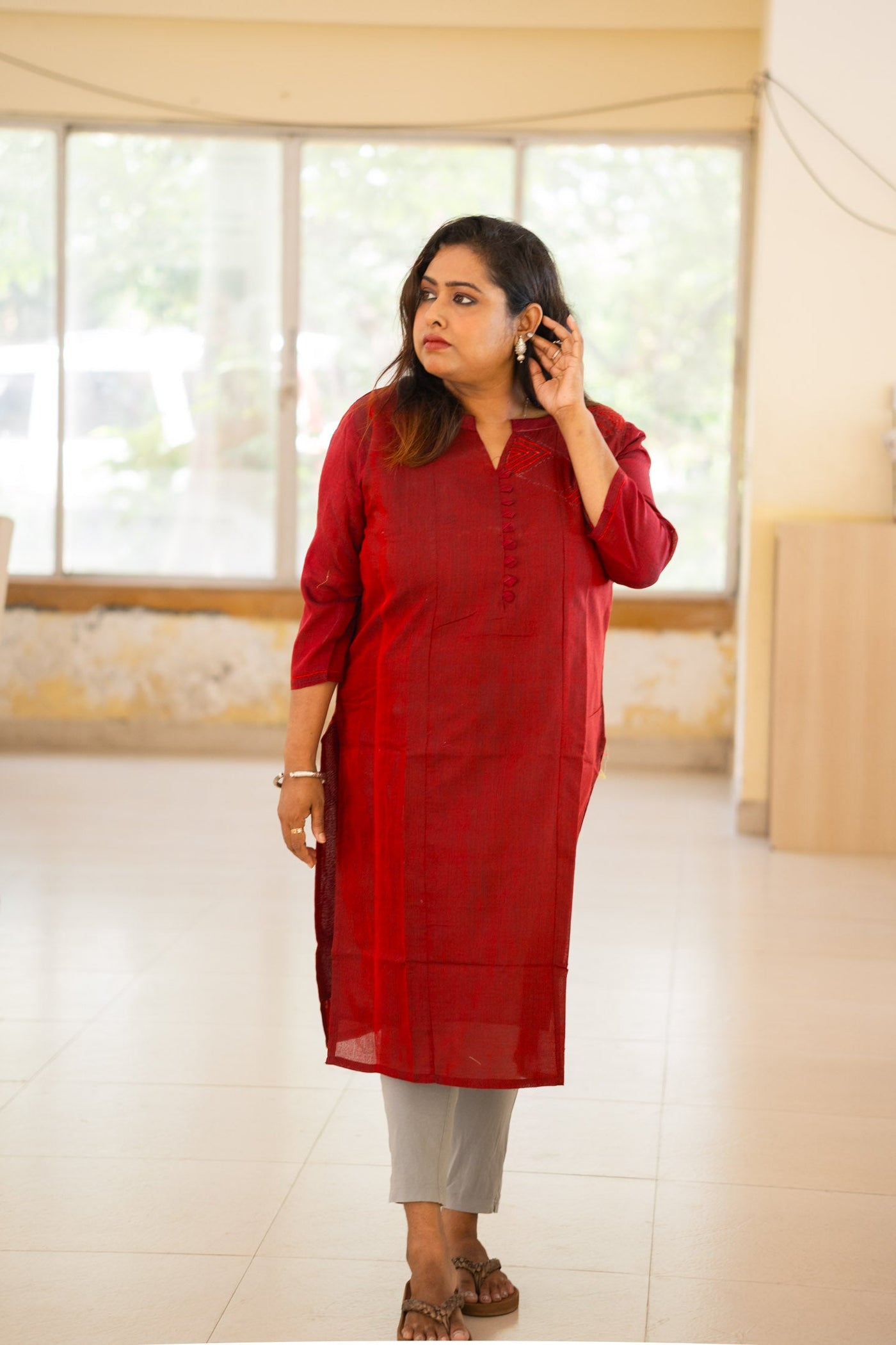 Raktim crimson cotton kurta — back view showing straight silhouette