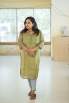 Haritima handwoven olive green cotton kurta with kantha embroidery yoke — front view