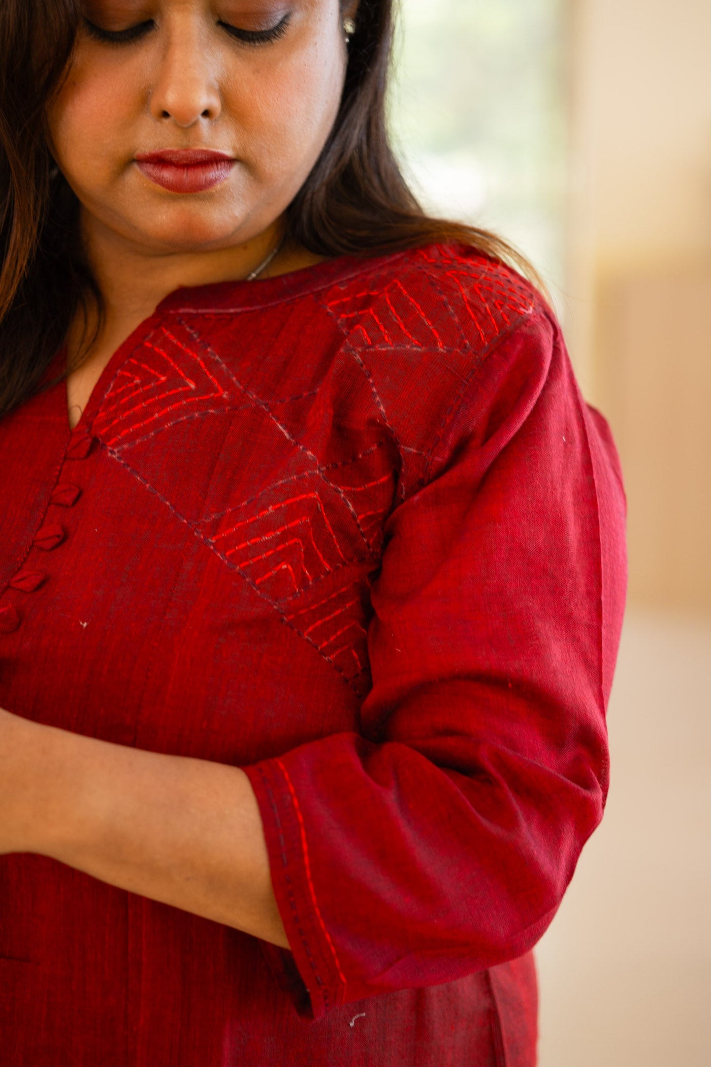 Raktim handwoven kurta in crimson — styled for office daily wear