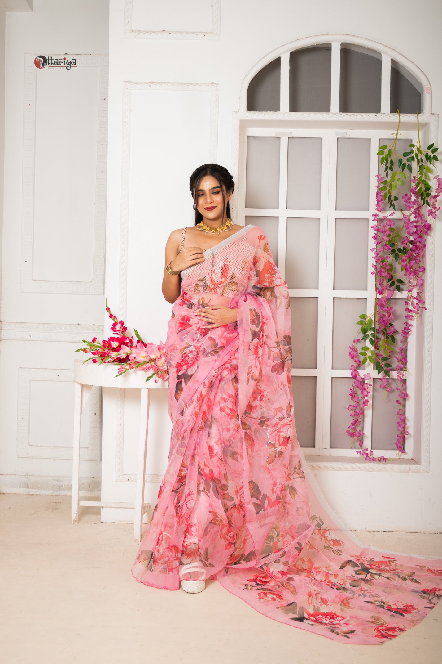 Pink organza designer saree