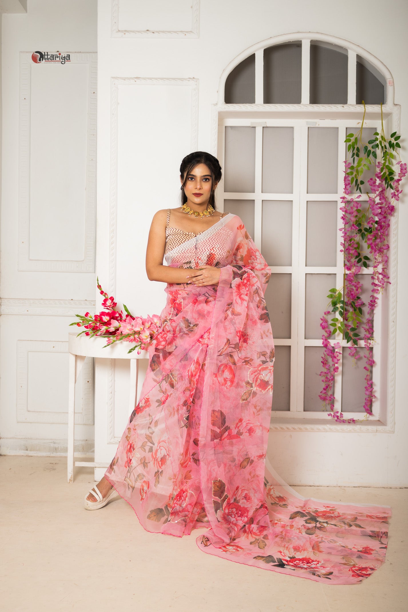 Pink organza designer saree