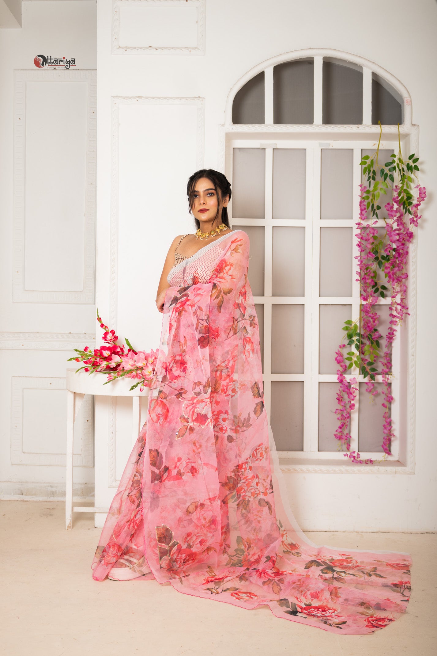 Pink organza designer saree