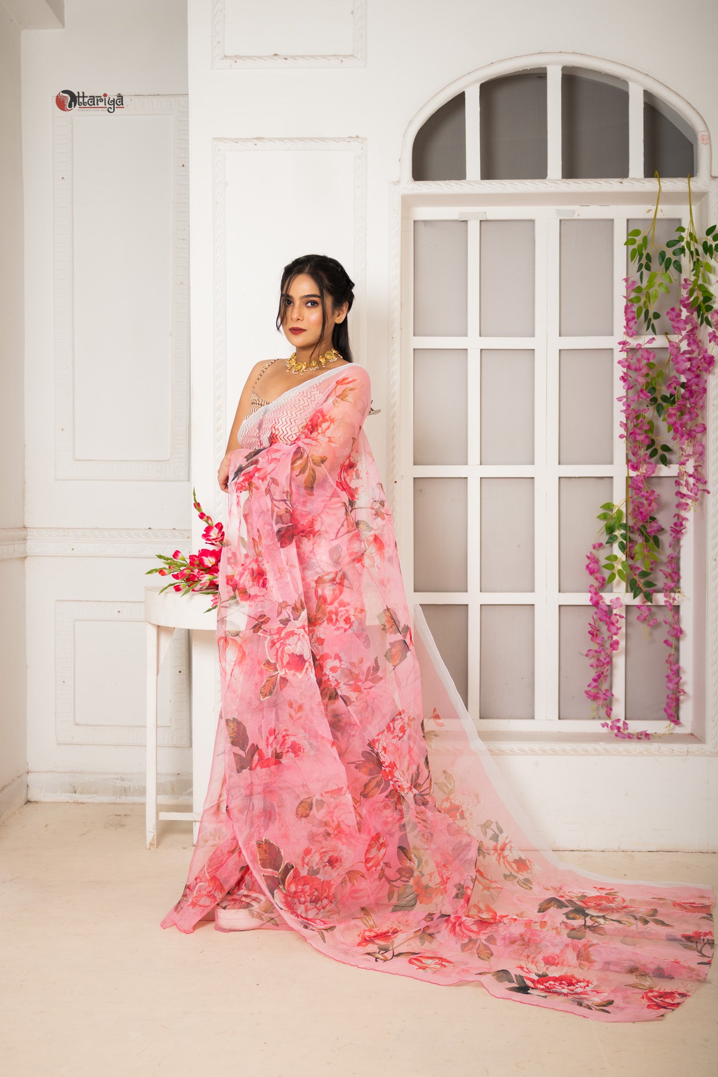 Pink organza designer saree