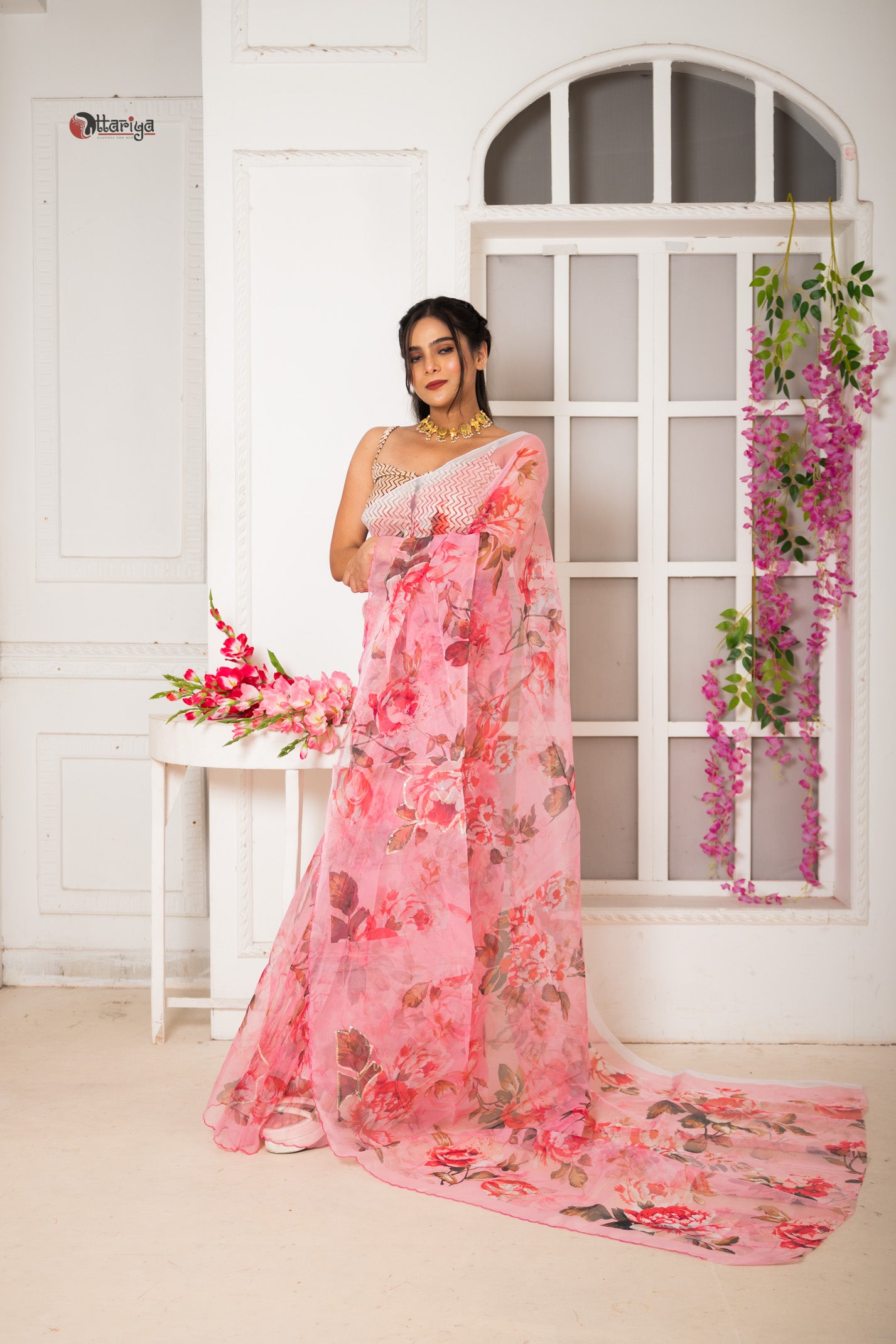 Pink organza designer saree