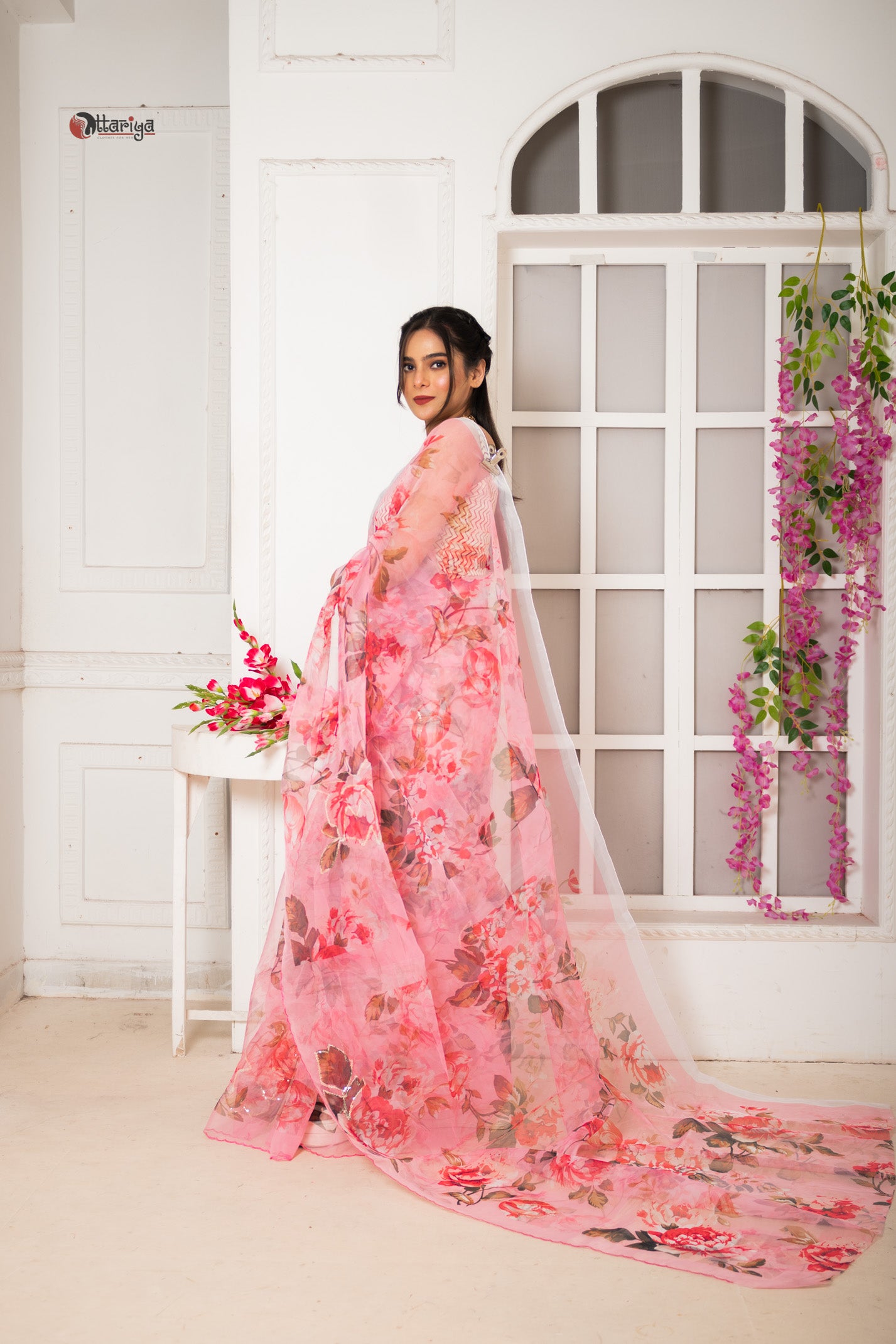 Pink organza designer saree