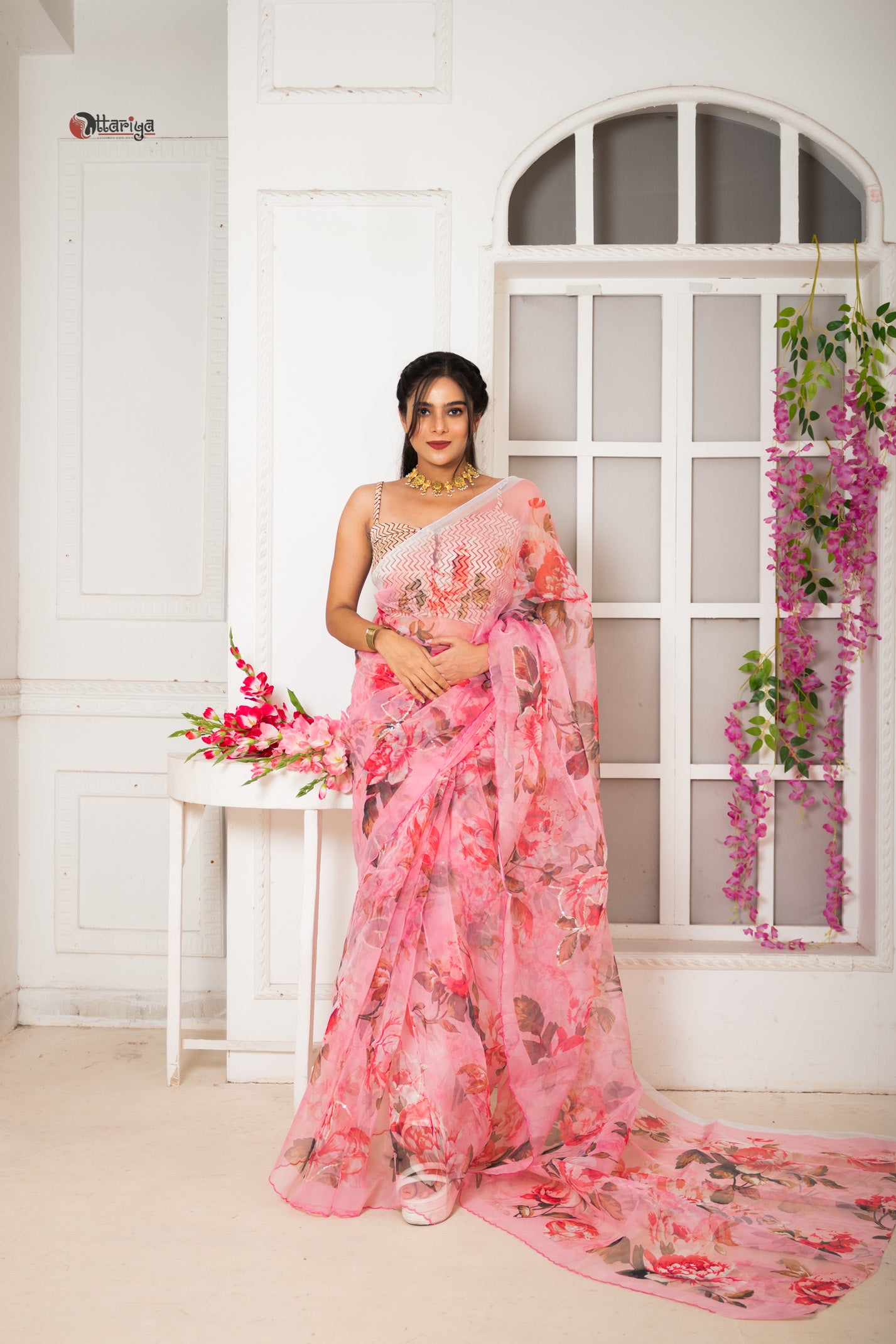 Pink organza designer saree