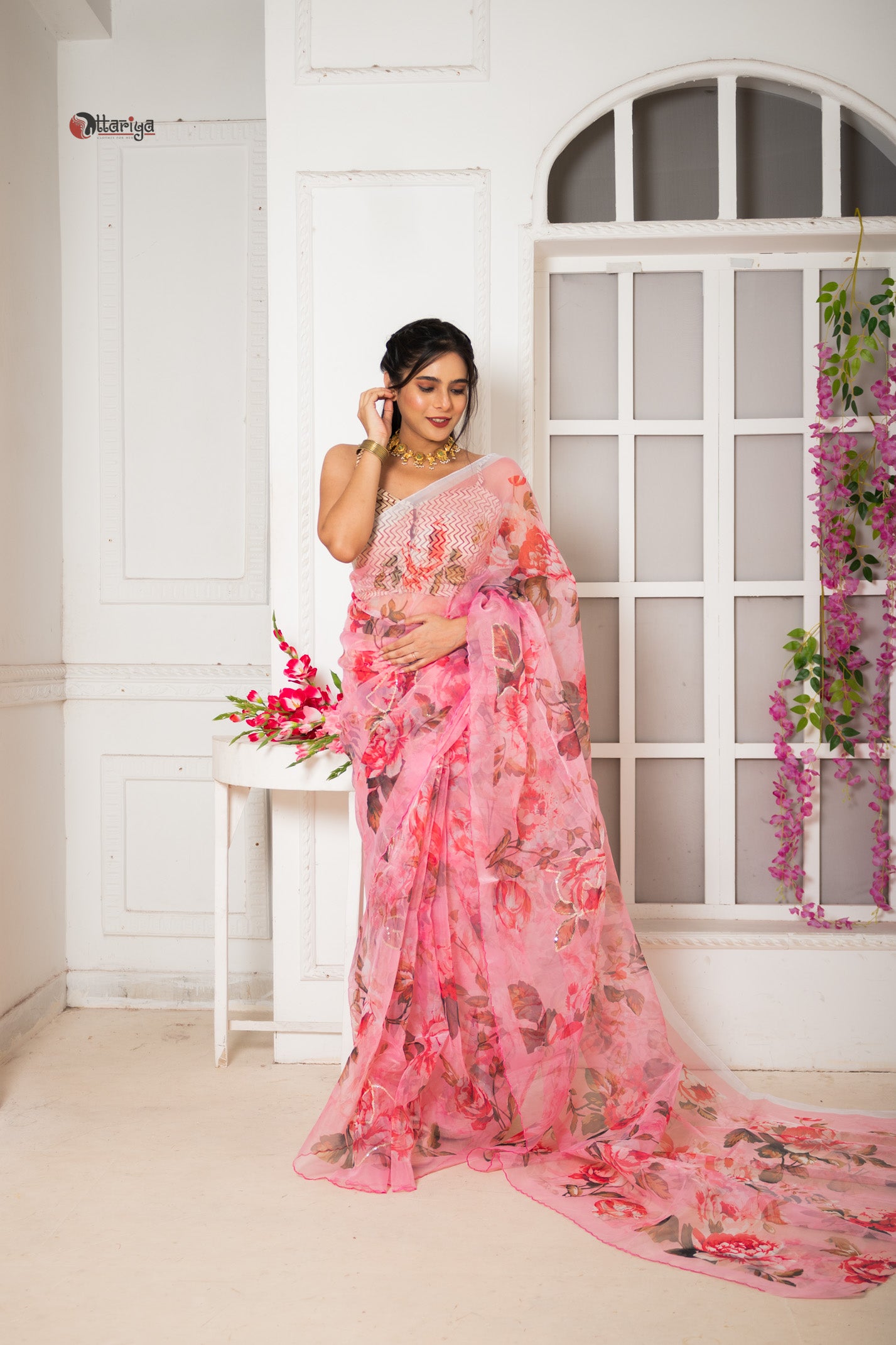 Pink organza designer saree